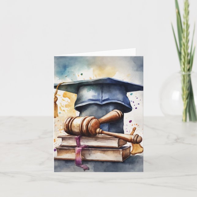 Watercolor Law School Graduation Card-Cap & Gavel Card (Front)