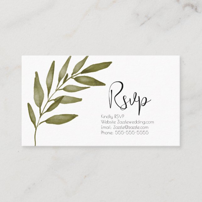 Watercolor Leaf Branch Green RSVP Wedding Business Card (Front)