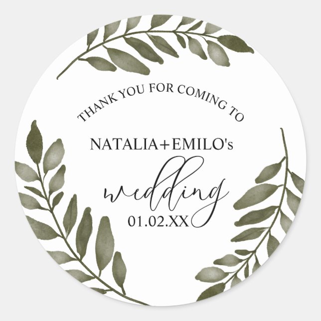 Watercolor Leaf Branch Greenery Wedding Boda Classic Round Sticker (Front)