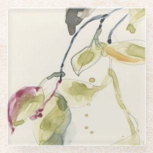 Watercolor Leaf Branch Triptych Glass Coaster