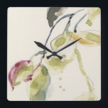 Watercolor Leaf Branch Triptych Square Wall Clock<br><div class="desc">Leaf Branch Triptych I by Jennifer Goldberger. Watercolor droplets in goldish yellow,  green,  and reddish pink create gentle leaves on dark grey and black branches.</div>