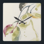 Watercolor Leaf Branch Triptych Square Wall Clock<br><div class="desc">Leaf Branch Triptych I by Jennifer Goldberger. Watercolor droplets in goldish yellow,  green,  and reddish pink create gentle leaves on dark grey and black branches.</div>