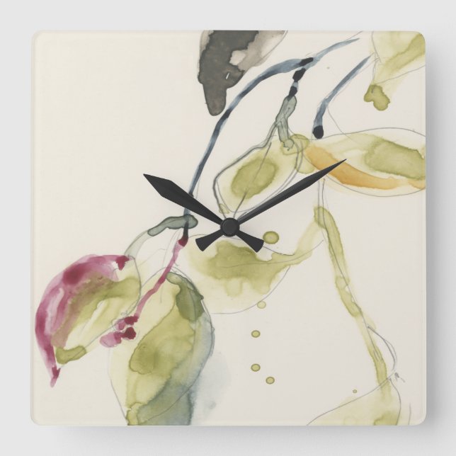 Watercolor Leaf Branch Triptych Square Wall Clock (Front)