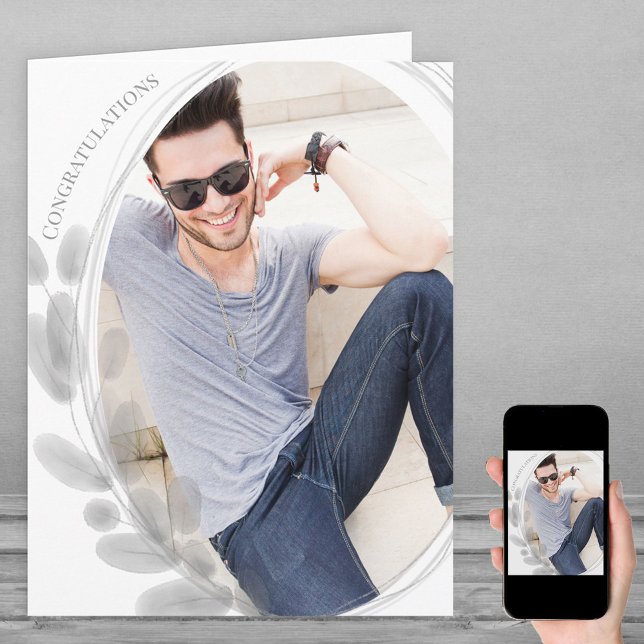 Watercolor Leaf Framed Photo Grey Congratulations Card (Creator Uploaded)