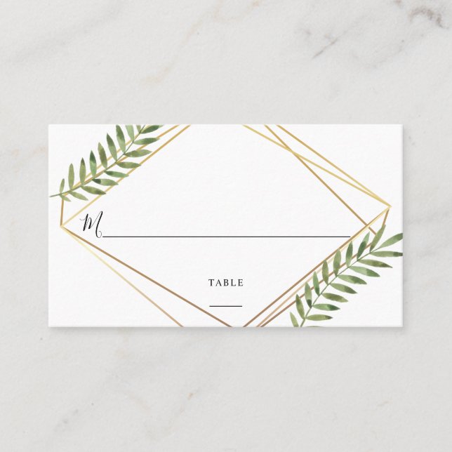 Watercolor Leaf Gold Frame Geometric Chic Wedding Place Card (Front)