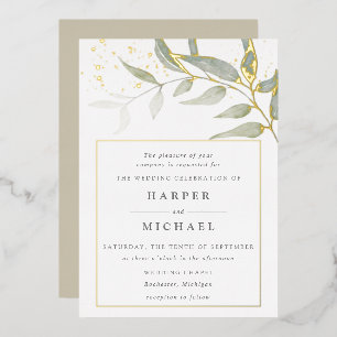 Watercolor leaf gold shimmer wedding foil invitati