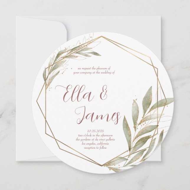 Watercolor Leaf Gold Wedding Invitation (Front)