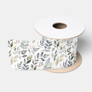Watercolor Leaf Pattern Green Leaves on White Satin Ribbon