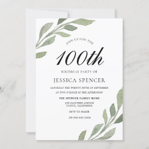 Watercolor Leaf Womans mens 100th Birthday Invite