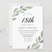 Watercolor Leaf Womans mens 18th Birthday Invite