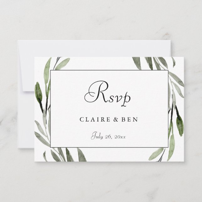 Watercolor Leaf Wreath Border Wedding RSVP Card (Front)