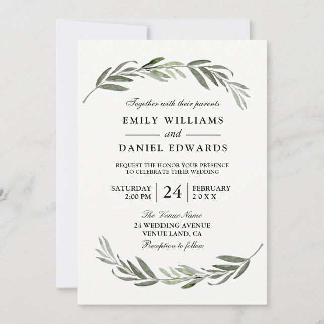 Watercolor Leaf Wreath Elegant Wedding Invite (Front)