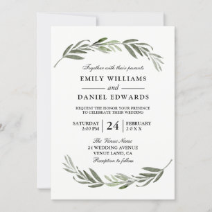 Watercolor Leaf Wreath Elegant Wedding Invite