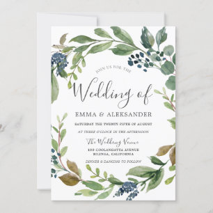 Watercolor Leaf Wreath Modern Fall Wedding Invitation
