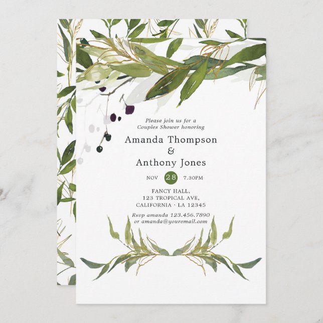 Watercolor Leafy Greenery Couples Shower Invitation (Front/Back)