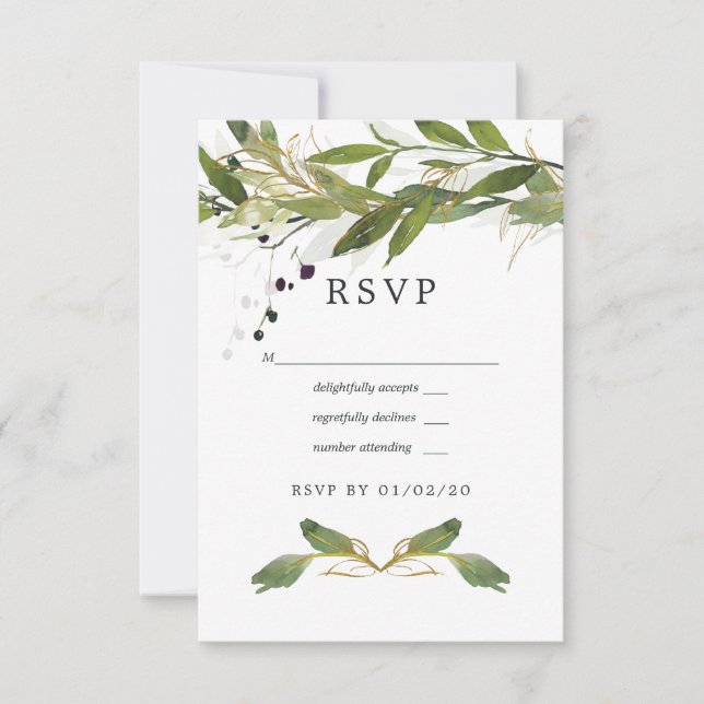 Watercolor Leafy Greenery Wedding RSVP Card (Front)