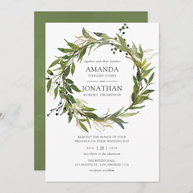 Watercolor Leafy Greenery Wreath Wedding Invitation (Front/Back)