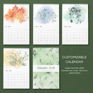 Watercolor Leaves 2026 Calendar Botanical Nature