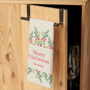 Watercolor Leaves and Berries Christmas Tea Towel