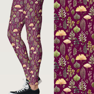 Watercolor leaves and ferns autumn forest burgundy leggings