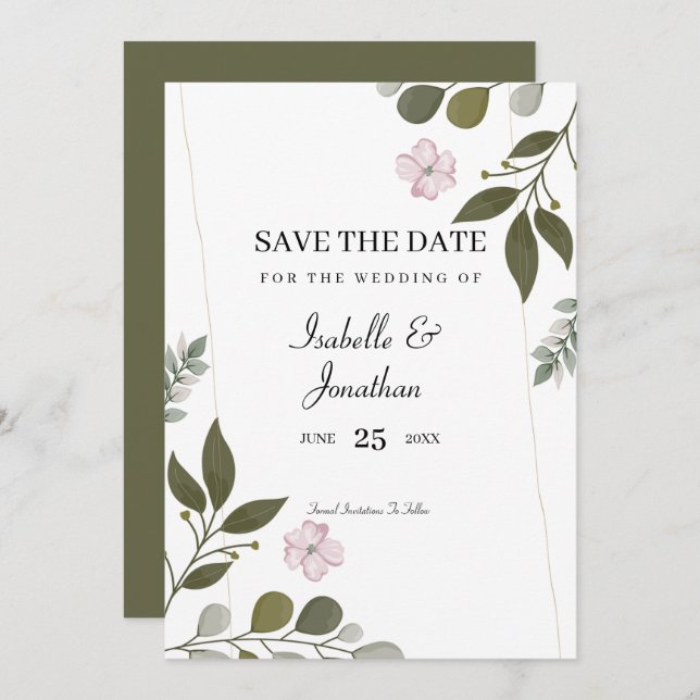 Watercolor Leaves And Pink Flowers  Invitation (Front/Back)