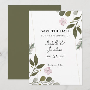 Watercolor Leaves And Pink Flowers Invitation
