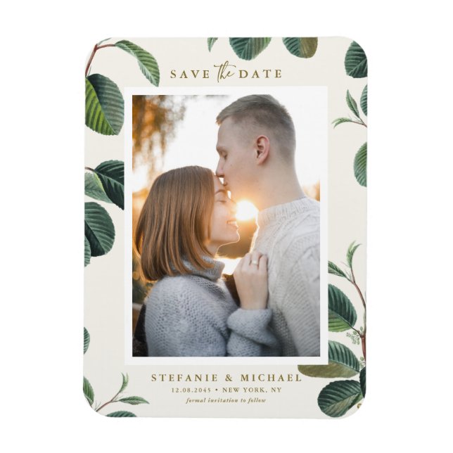 Watercolor Leaves Botanical Ivory Save the Date Magnet (Vertical)