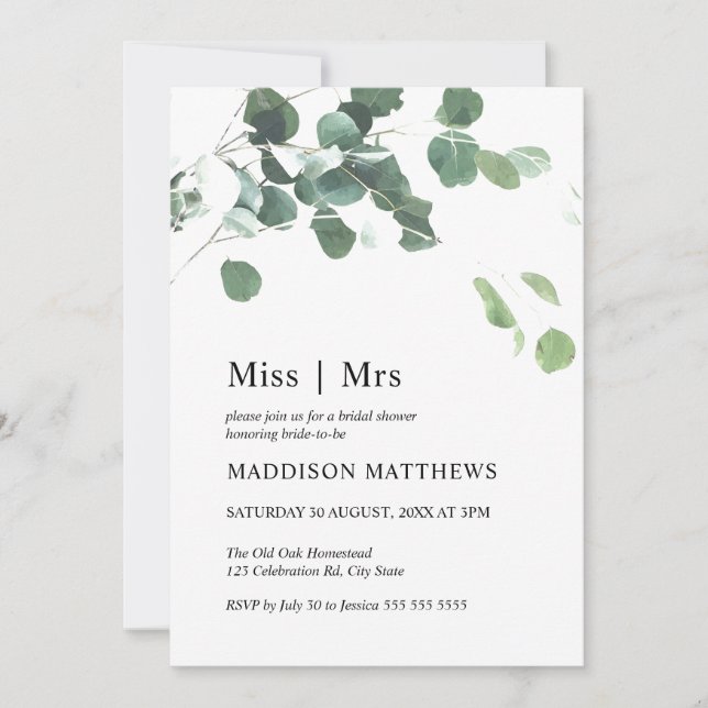 Watercolor Leaves Botanical Miss Mrs Bridal Shower Invitation (Front)