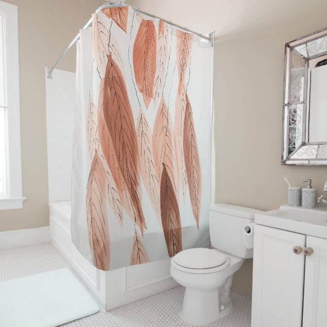 Watercolor Leaves Brown Terracotta Beige Blush Shower Curtain (In Situ)