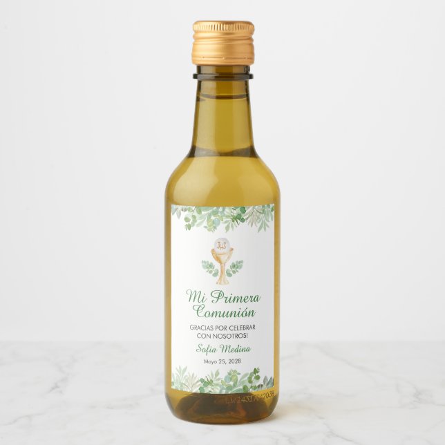 Watercolor Leaves First Communion Small Spanish Wine Label (Front)