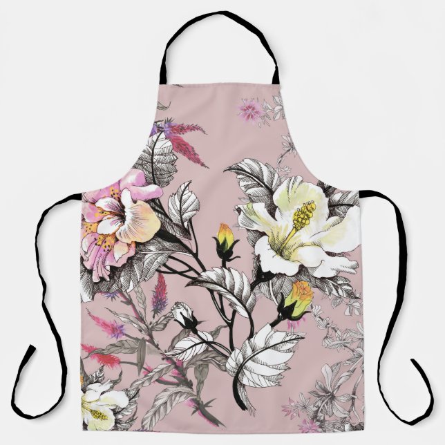 Watercolor Leaves Flowers Pink Pattern Apron (Front)