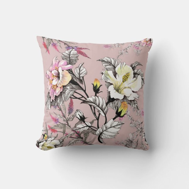 Watercolor Leaves Flowers Pink Pattern Cushion (Front)