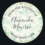 Watercolor Leaves FROM THE KITCHEN Classic Round Sticker<br><div class="desc">Elegant watercolor painting of green leaves, vines and pink berries on a pale green background, these stickers - in SEVERAL SIZES and SHAPES - are ready to personalise for food labels with "FROM THE KITCHEN OF" and "MADE WITH LOVE" along with your name or any wording you choose. Use the...</div>