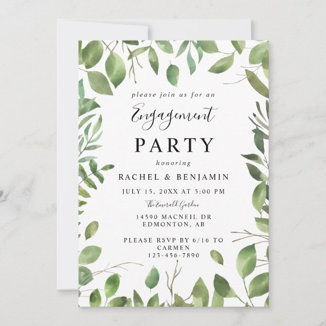 Watercolor Leaves Green Frame Engagement Party Invitation (Front)