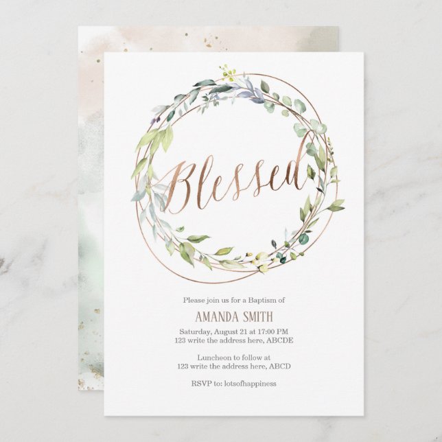 Watercolor leaves, Greenery, Rose gold, Baptism Invitation (Front/Back)