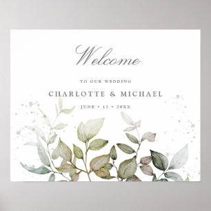 watercolor leaves greenery wedding welcome sign