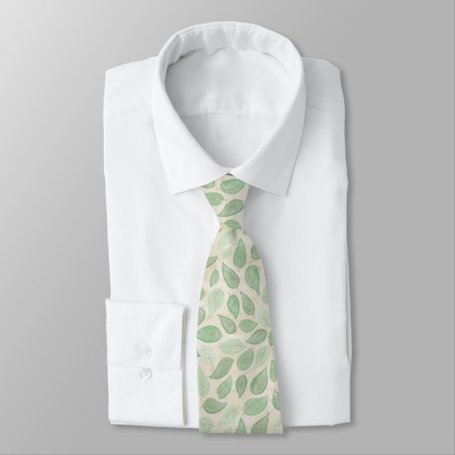 Watercolor Leaves in Beige and Green Tie (Tied)