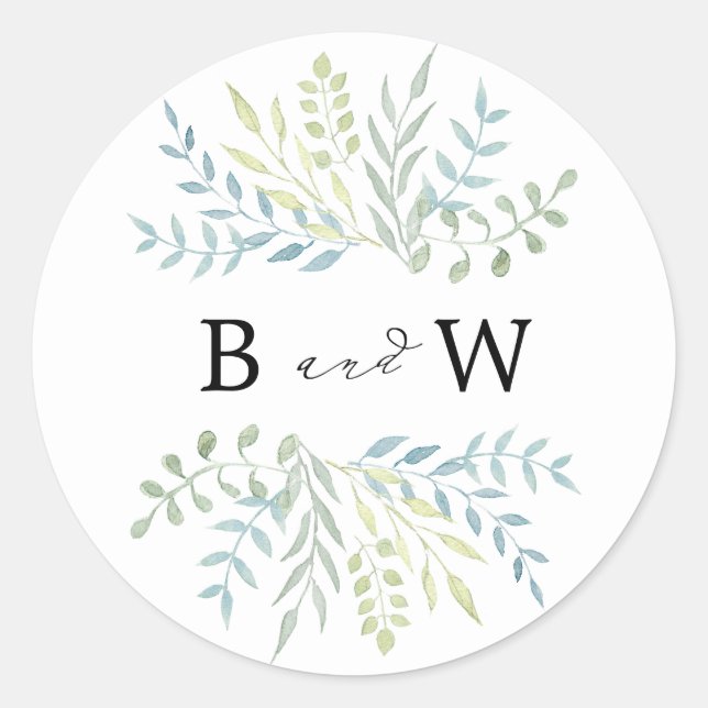 Watercolor Leaves in Green Hues Wedding Classic Round Sticker (Front)