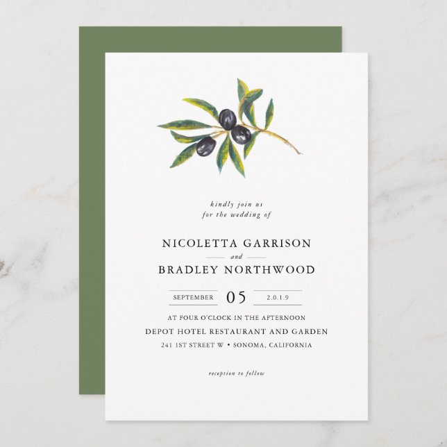 Watercolor Leaves Olive Orchard | Wedding Invitation (Front/Back)