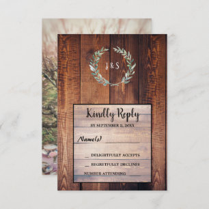 Watercolor leaves on barn wood photo Wedding RSVP  Invitation