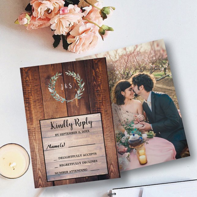Watercolor leaves on barn wood photo Wedding RSVP Invitation (Creator Uploaded)