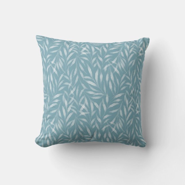 Watercolor Leaves on Blue Cushion (Front)