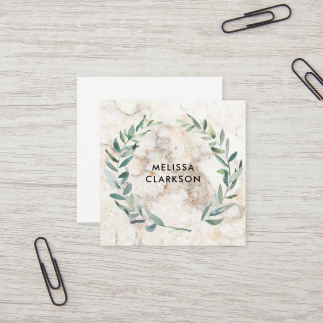 Watercolor leaves on marble pattern professional square business card (Front/Back In Situ)