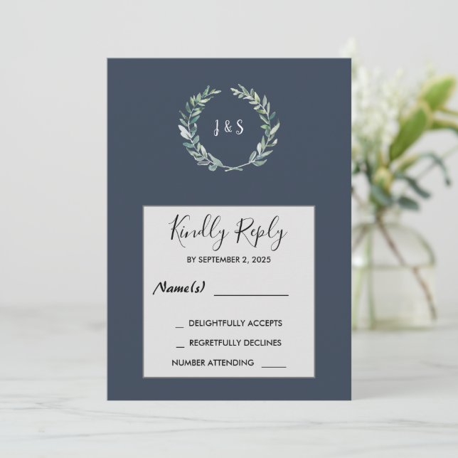Watercolor leaves on navy blue monogrammed RSVP Invitation (Standing Front)