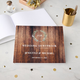 Watercolor leaves on rustic barn wood Wedding Guest Book