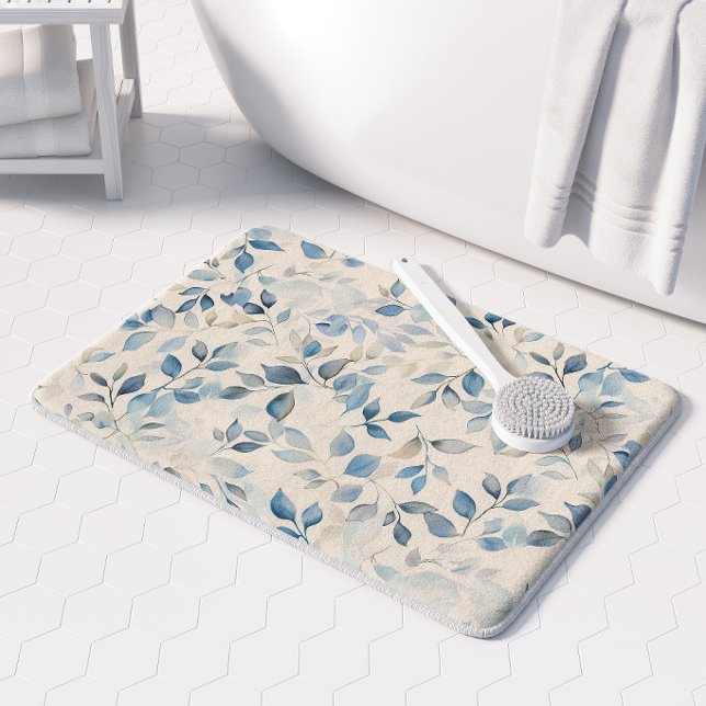 Watercolor Leaves Pattern Blue Beige Cream Bath Mat (Creator Uploaded)