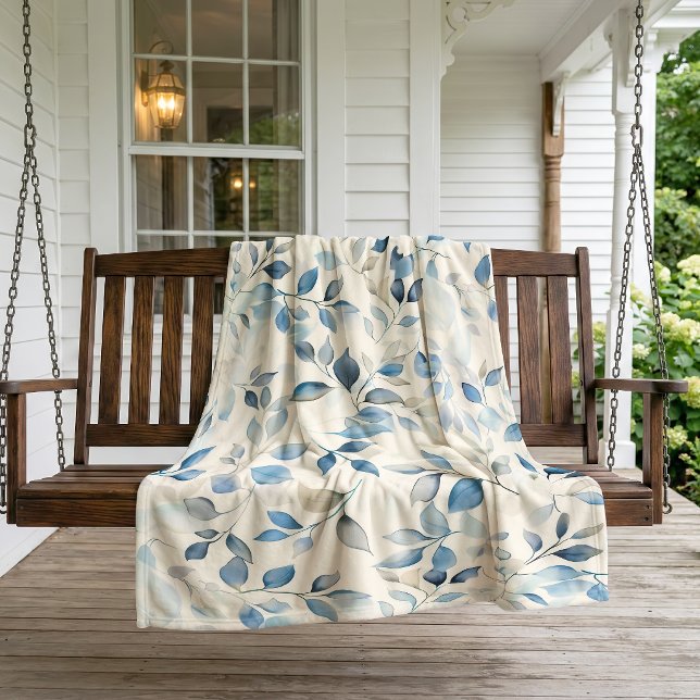 Watercolor Leaves Pattern Blue Beige Cream Fleece Blanket (Creator Uploaded)