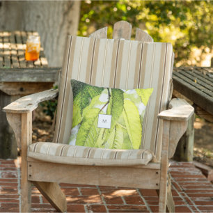 Watercolor leaves pattern monogrammed outdoor cushion