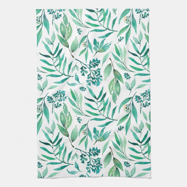 Watercolor Leaves Pattern Tea Towel (Vertical)