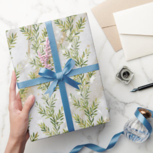 Watercolor leaves pattern with grey marble & snow wrapping paper